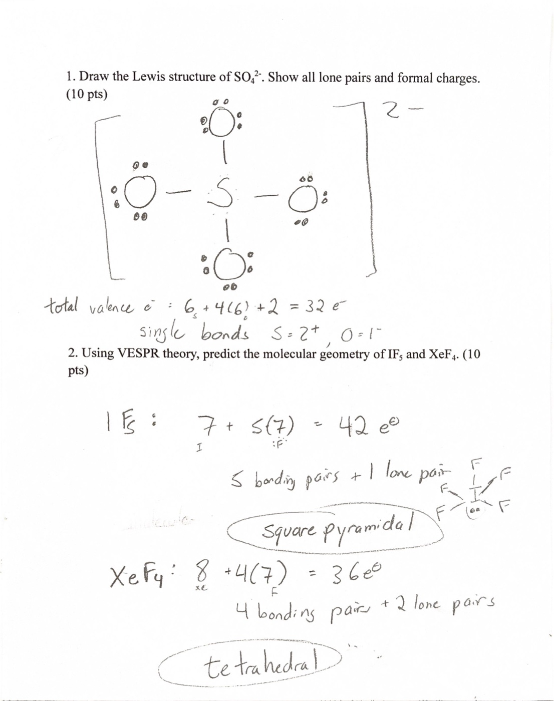Handwritten chemistry answers drawing the Lewis structure of the sulfate ion SO₄²⁻ and predicting the VSEPR molecular geometry of IF₅ and XeF₄
