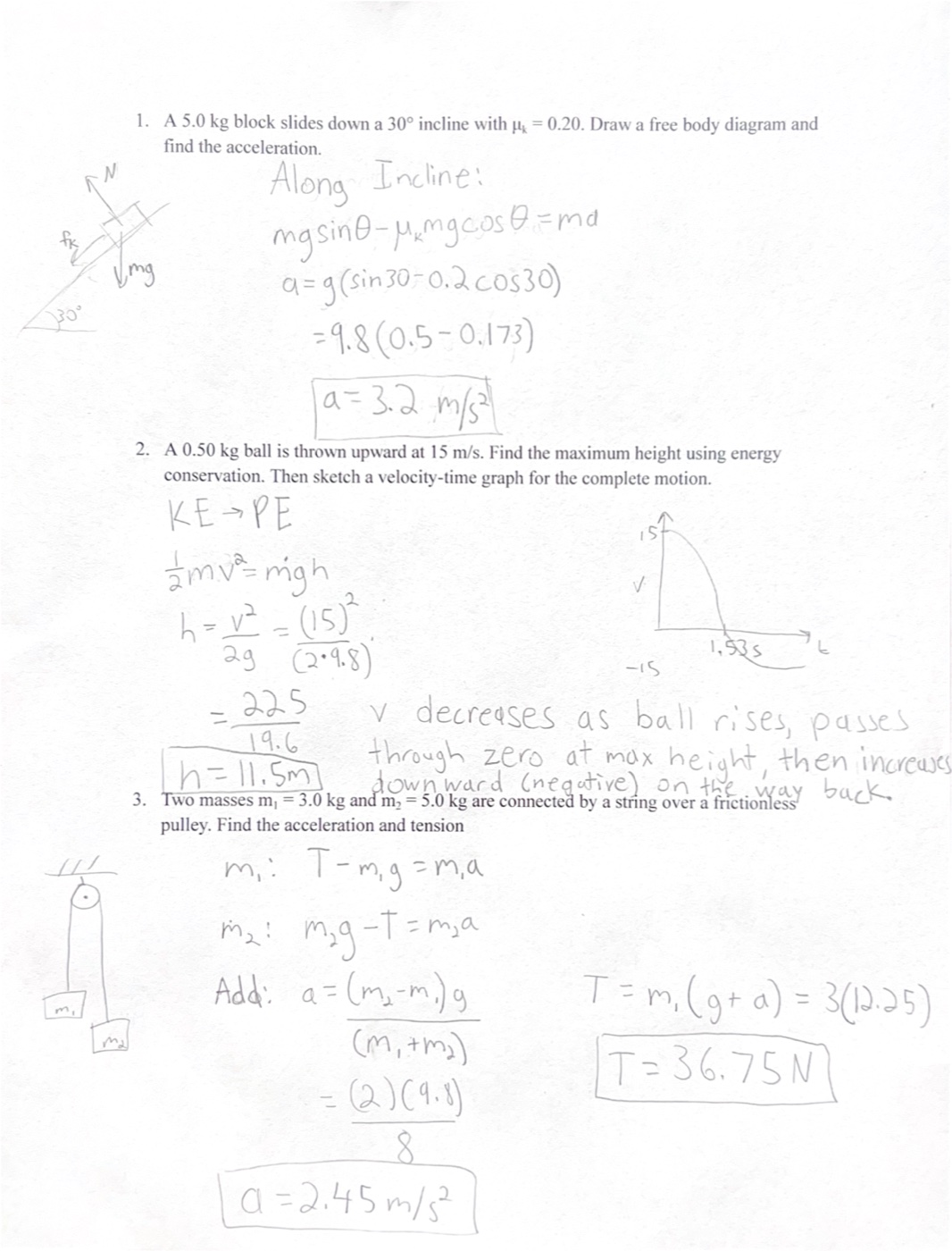 Handwritten student physics exam with worked solutions for inclined plane, energy conservation, and Atwood machine problems